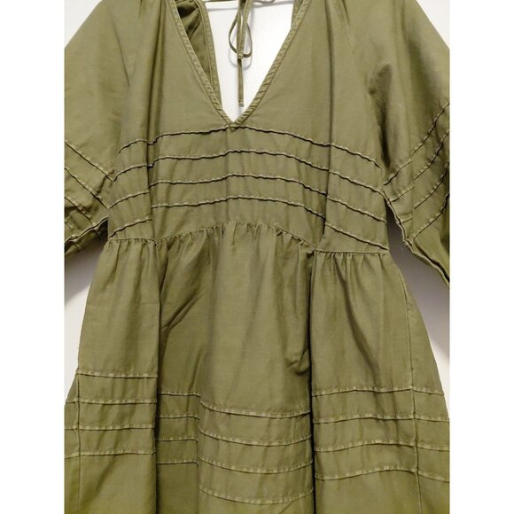 Free People Sweet Surrender Military Green Denim Dress Puff Sleeves Large - Picture 5 of 12